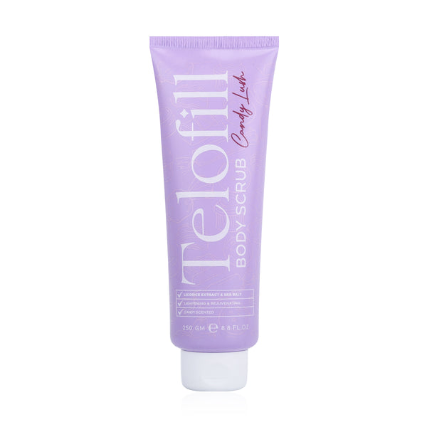 Telofill Candy Lush Body Scrub 250g displayed clearly, highlighting the product packaging, name, size, and exfoliating body care formula.
