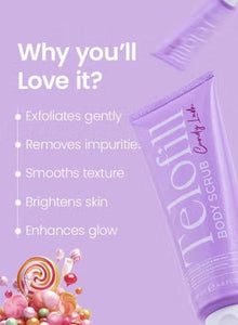 Telofill Candy Lush Body Scrub 250g shown clearly, highlighting its exfoliating formula for smoother, softer-looking skin.