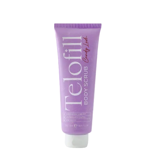 Telofill Candy Lush Body Scrub formulated to gently exfoliate and leave skin feeling soft, smooth, and refreshed.