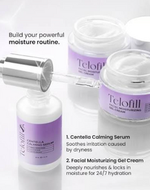 Telofill Centella Calming Serum 30ml shown clearly, highlighting its formula with centella, hyaluronic acid, and panthenol.