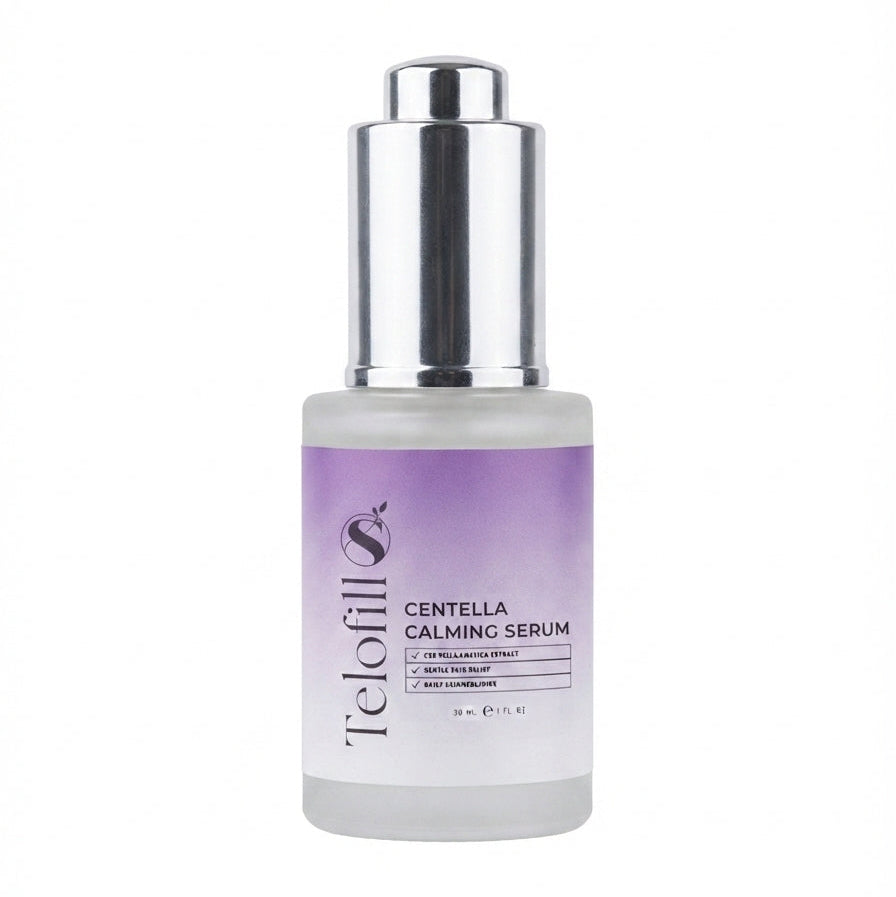 Telofill Centella Calming Serum 30ml displayed clearly, highlighting the product packaging, name, size, and soothing skincare formula.