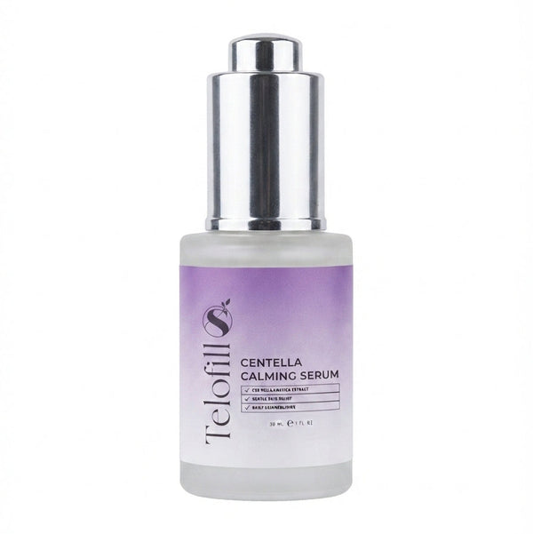 Telofill Centella Calming Serum 30ml displayed clearly, highlighting the product packaging, name, size, and soothing skincare formula.