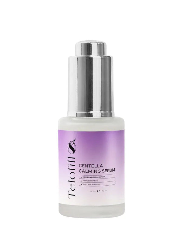 Telofill Centella Calming Serum 30ml displayed clearly, highlighting the product packaging, name, size, and soothing skincare formula.