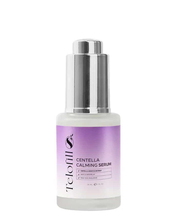 Telofill Centella Calming Serum 30ml displayed clearly, highlighting the product packaging, name, size, and soothing skincare formula.