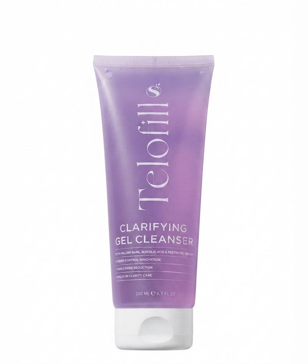 Telofill Clarifying Gel Cleanser 200ml displayed clearly, highlighting the product packaging, name, size, and clarifying face wash formula.