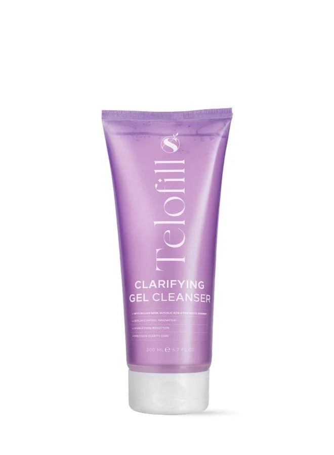 Telofill Clarifying Gel Cleanser 200ml displayed clearly, highlighting the product packaging, name, size, and clarifying formula.