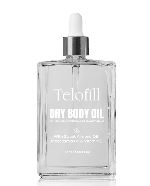 Telofill Dry Body Oil 100ml displayed clearly, highlighting the product packaging, name, size, and lightweight moisturizing formula.