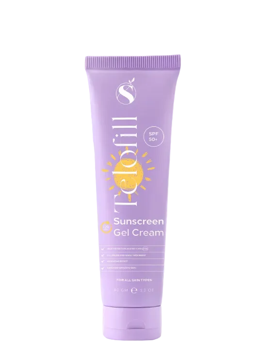 Telofill Sunscreen Gel Cream SPF 50 helping protect the skin from UVA and UVB rays with a lightweight finish.