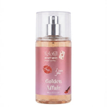 Telofill Golden Affair Body Mist Travel Size 100ml displayed clearly, highlighting the product packaging, name, size, and warm feminine fragrance.