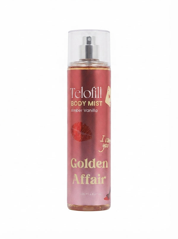 Telofill Golden Affair Body Mist 236ml displayed clearly, highlighting the product packaging, name, size, and warm feminine fragrance.