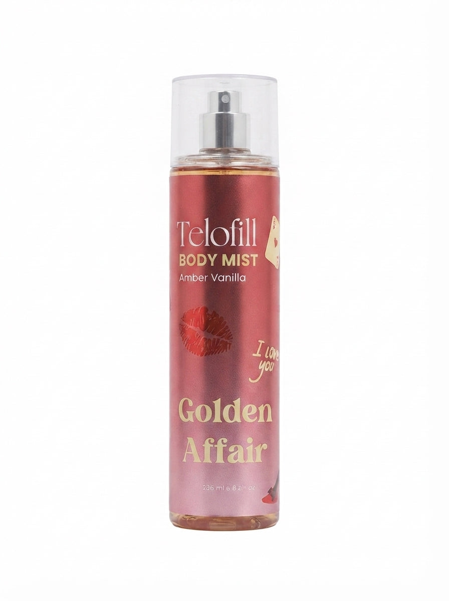 Telofill Golden Affair Body Mist 236ml displayed clearly, highlighting the product packaging, name, size, and warm feminine fragrance.
