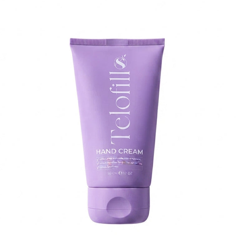Telofill Hand Cream 50g displayed clearly, highlighting the product packaging, name, size, and intensive moisturizing formula.