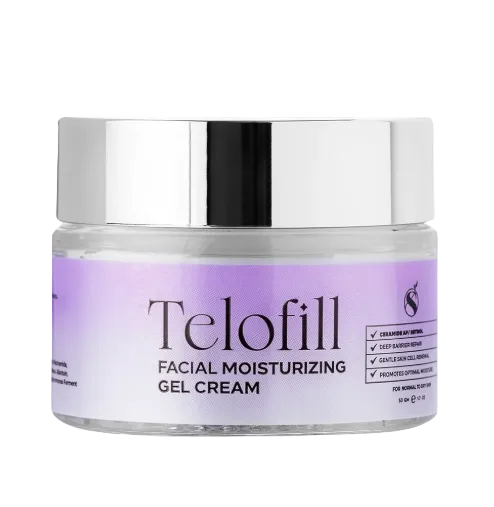 Telofill Facial Moisturizing Gel Cream featuring a fast-absorbing, non-greasy formula for daily facial hydration.