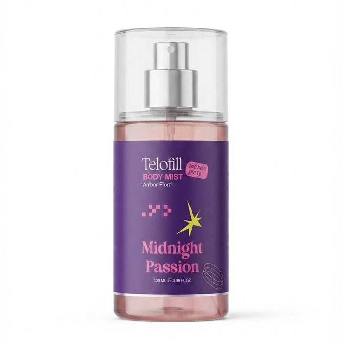 Telofill Midnight Passion Body Mist Travel Size 100ml displayed clearly, highlighting the product packaging, name, size, and fragrance profile.