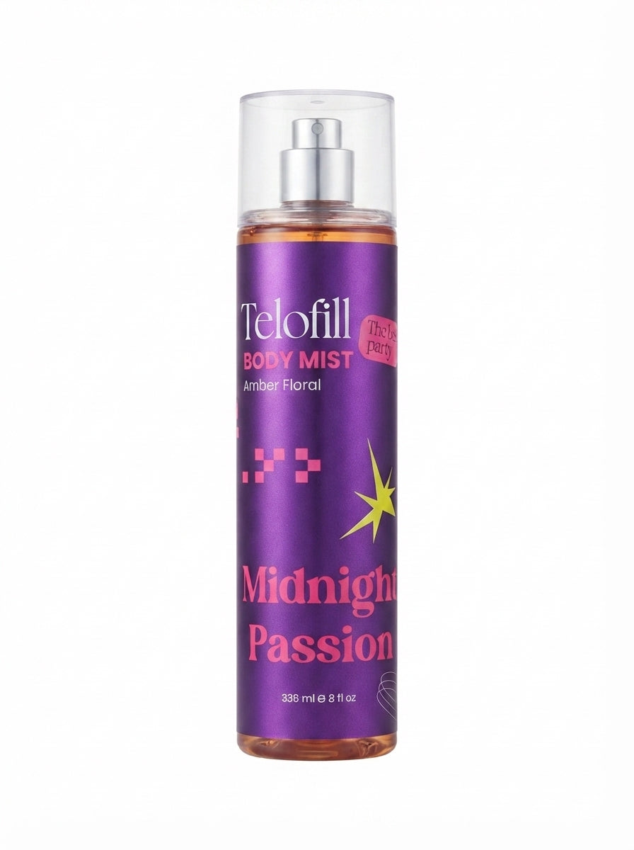 Telofill Midnight Passion Body Mist 236ml displayed clearly, highlighting the product packaging, name, size, and fragrance profile.