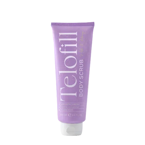 Telofill Milk and Honey Body Scrub formulated to gently exfoliate and leave skin feeling soft, smooth, and nourished.