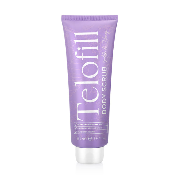 Telofill Milk & Honey Body Scrub 250g displayed clearly, highlighting the product packaging, name, size, and exfoliating body care formula.