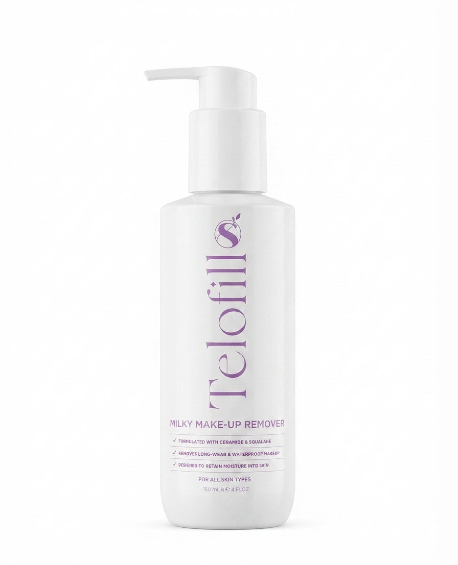 Telofill Milky Makeup Remover 200ml displayed clearly, highlighting the product packaging, name, size, and gentle makeup cleansing formula.