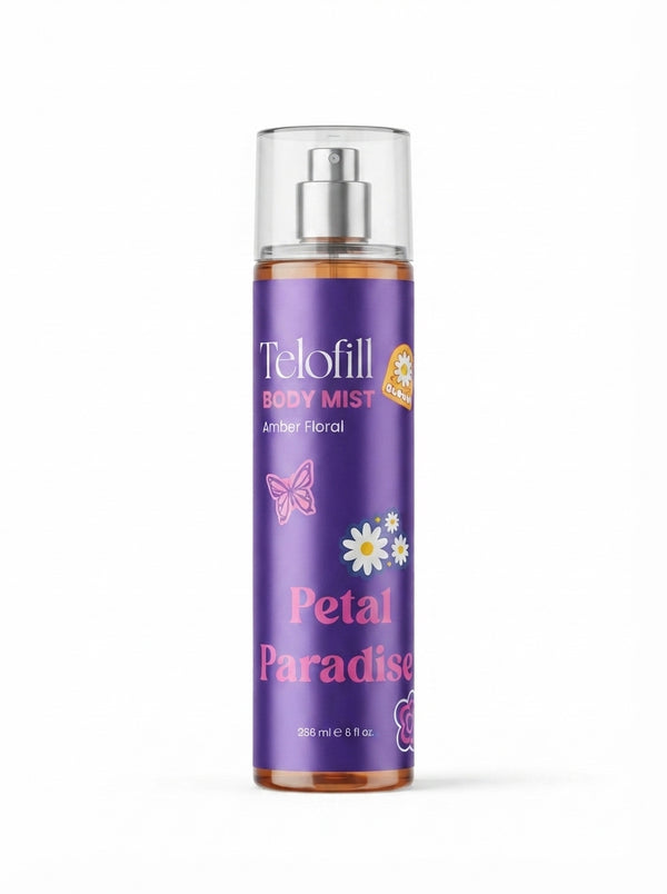 Telofill Petal Paradise Body Mist 235ml displayed clearly, highlighting the product packaging, name, size, and floral feminine fragrance.