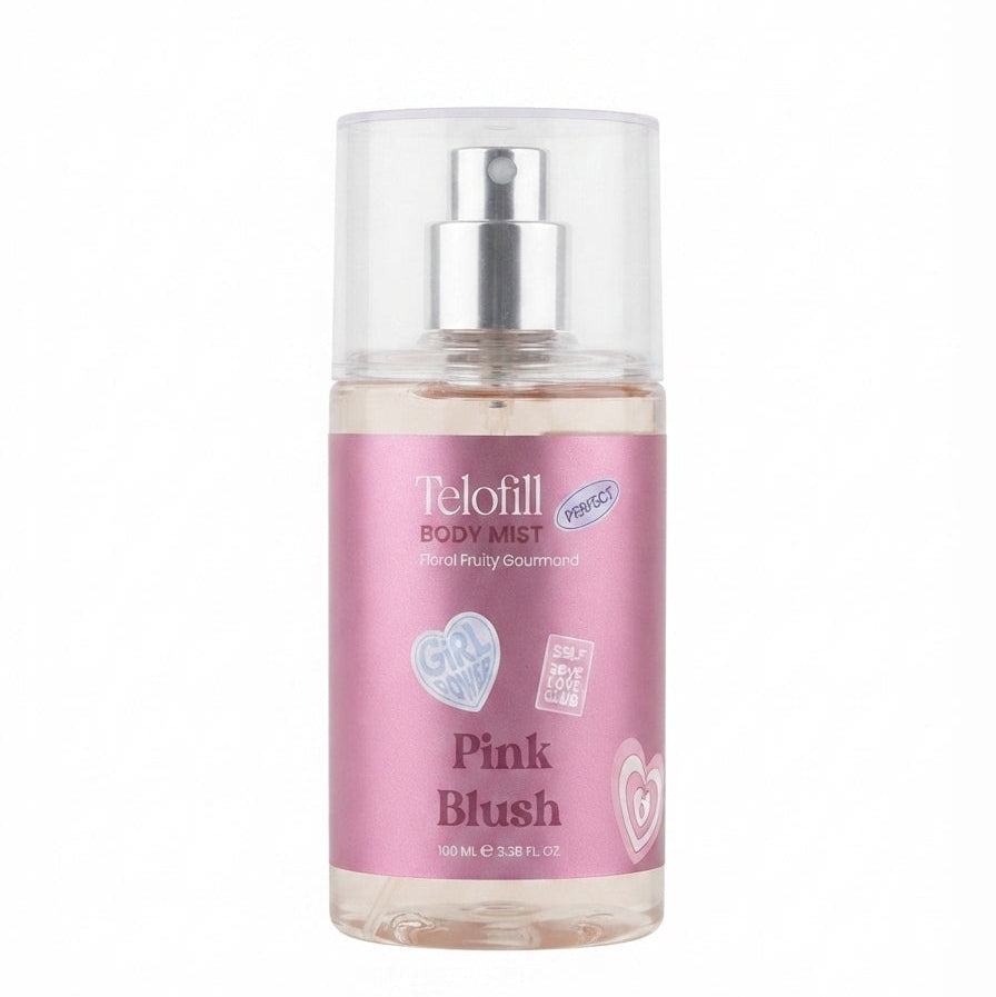 Telofill Pink Blush Body Mist Travel Size 100ml displayed clearly, highlighting the product packaging, name, size, and fruity feminine fragrance.