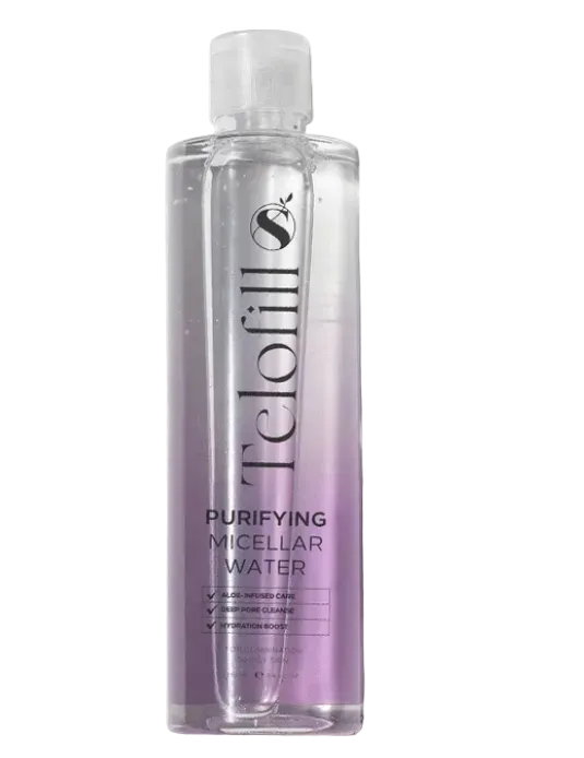 Telofill Purifying Micellar Water formulated to gently remove makeup, dirt, and impurities while cleansing the skin.