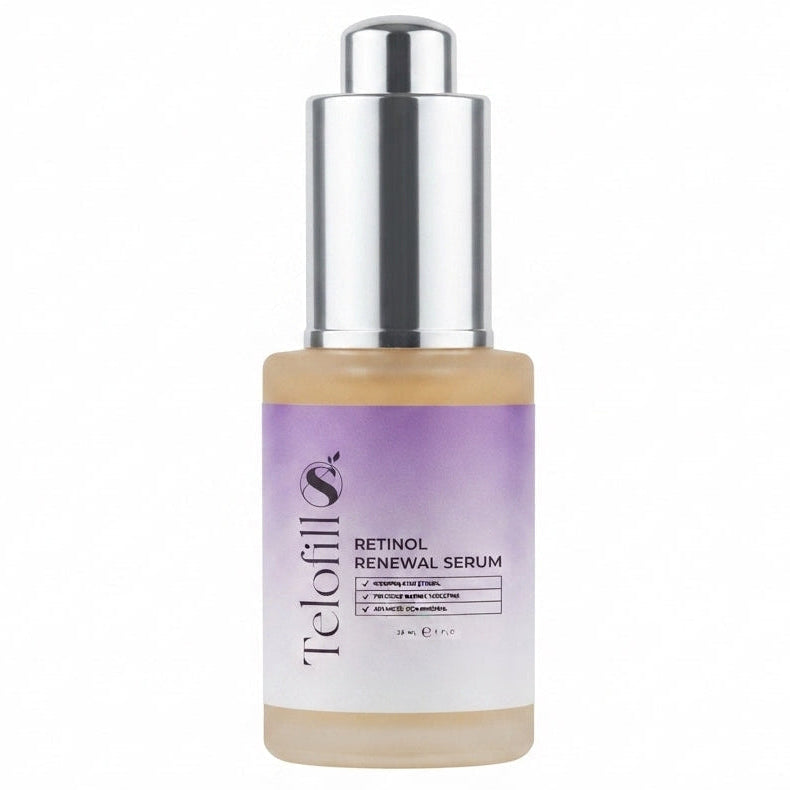 Telofill Retinol Renewal Serum 30ml displayed clearly, highlighting the product packaging, name, size, and anti-aging skincare formula.