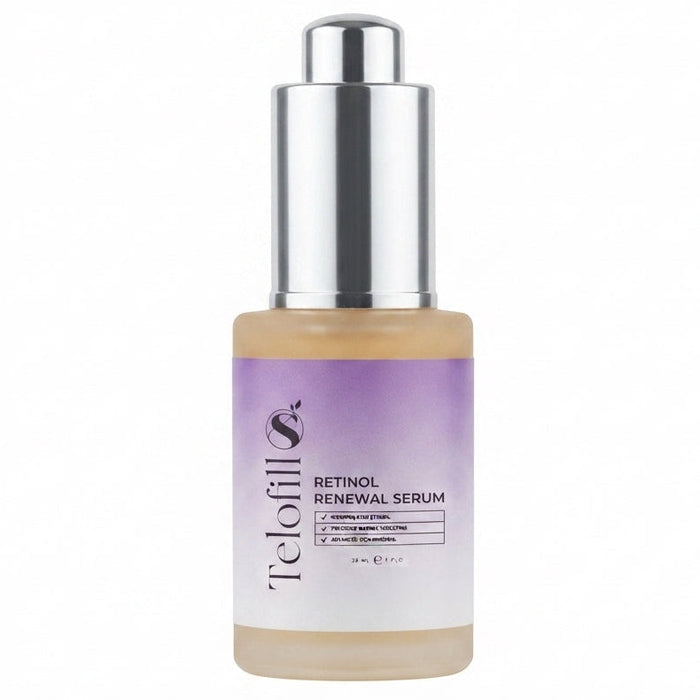 Telofill Retinol Renewal Serum 30ml displayed clearly, highlighting the product packaging, name, size, and anti-aging skincare formula.