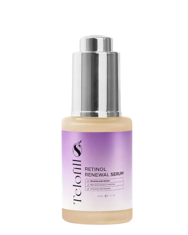 Telofill Retinol Renewal Serum 30ml displayed clearly, highlighting the product packaging, name, size, and anti-aging skincare formula.