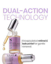 Telofill Retinol Renewal Serum 30ml shown clearly, highlighting its formula with encapsulated retinol and bakuchiol for skin renewal.