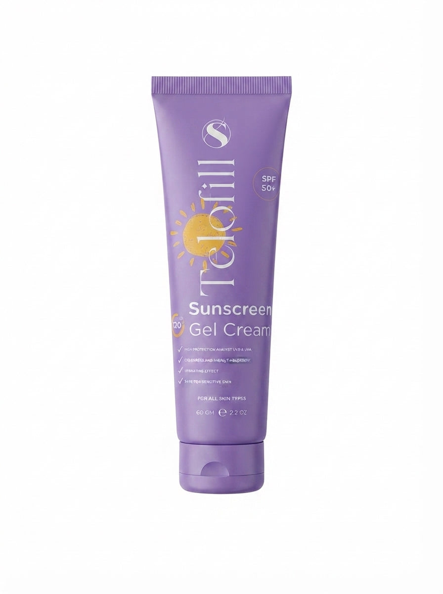 Telofill Sunscreen Gel Cream SPF 50+ 60g displayed clearly, highlighting the product packaging, name, size, and UVA and UVB protection.