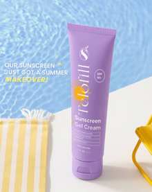 Telofill Sunscreen Gel Cream SPF 50+ 60g shown clearly, highlighting its lightweight gel-cream formula for daily facial sun protection.