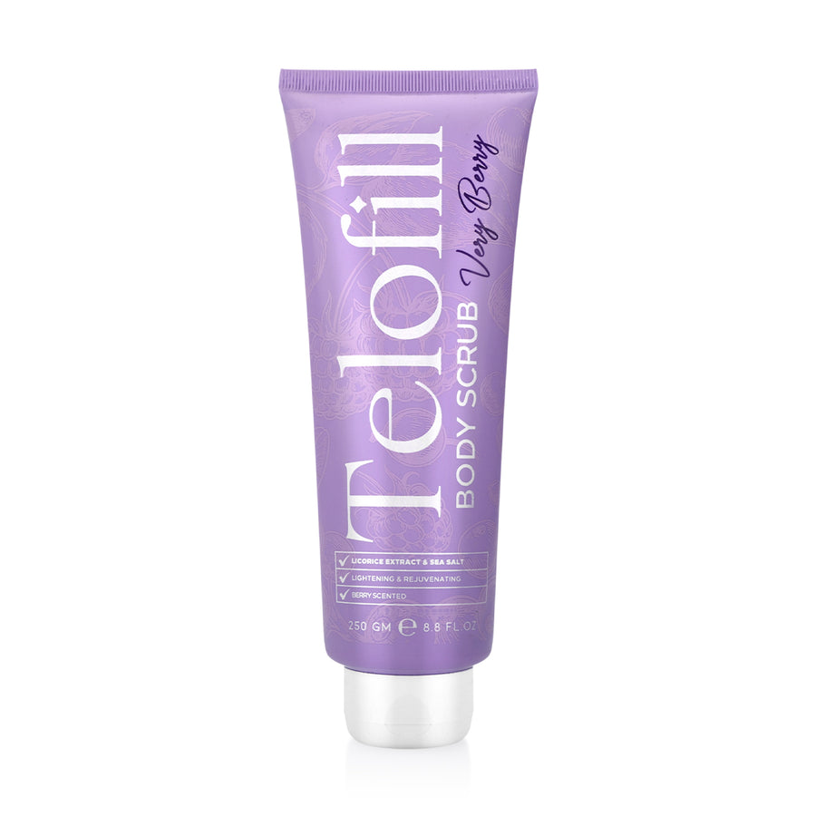 Telofill Very Berry Body Scrub 250g shown clearly, highlighting its exfoliating formula for smoother, softer-looking skin.