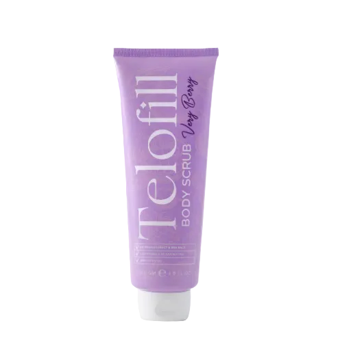 Telofill Very Berry Body Scrub formulated to gently exfoliate and leave skin feeling soft, smooth, and refreshed.