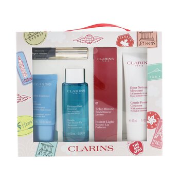 Clarins With Love From Suitcase Set (1x Eclat Minute Instant Light Natural Lip Perfector 01, 1x Gentle Foaming Cleanser, 1x Gentle Eye Makeup Remover, 1x Cream, 1x Supra Volume Mascara) - 8COM STORES