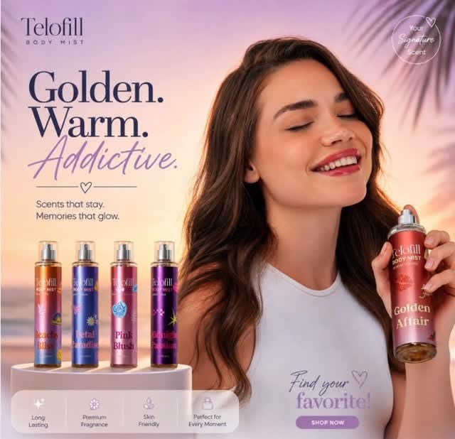 Video by 8COM Beauty on August 12, 2026. May be an image of hair product, fragrance, bottle, perfume, lotion and text that says 'Telofill BODYMIST MIST BODY Signature Golden. Warm. Addictue. Scents that stay. Memories that glow. dofili DOYMIST MIST Golden Affair Lang Lasting Premium Fragrance Skin Friendly Porfect Every Momnent Find your Findyour ۷ favoritel SHOPNOW NOW SHOP'.